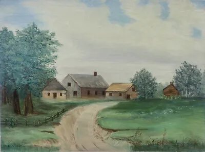 E. Palmer Vintage Painting On Canvas Board - Farmstead With Barns 18x24 • $37.80