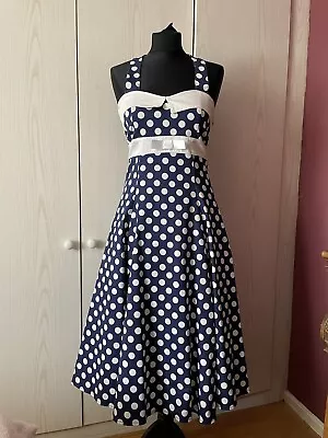 Collectif Navy And White Polka Dot Rockabilly Dress Size 12 Retro 50’s Vintage • £15