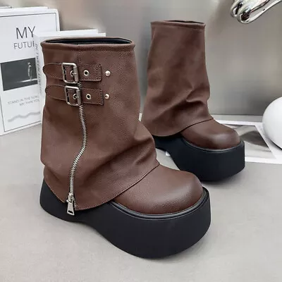 Women's Short Boots Large Toe Heightening Western Boots Round Toe Thick Heel • $40.84