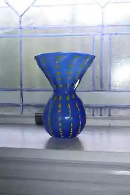 Viz Art Glass Flared Rim Vase Hand Blown Blue With Yellow Dots • $68.85