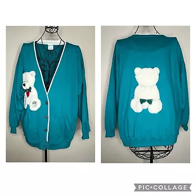 Vintage Cheetah Mervyns Teal Green 3D Polar Bear Button Up Cardigan Size XL • $75