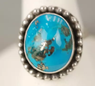 Morenci Turquoise Ring Denim Blue Pyrite Sterling Silver Vtg Southwest NOS 7.5 • $119