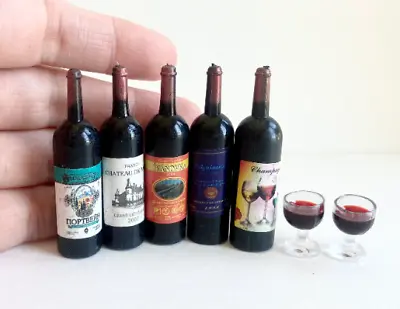 7PCS 1:6 Lot Dollhouse Miniature 5 Red Wine Bottles 2  Cups Set Bar • $7.19