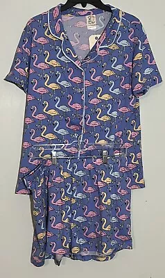 Women Pajamas 2 Piece Nite Nite Munki Flamingos Top Shorts New Size Xl • $12