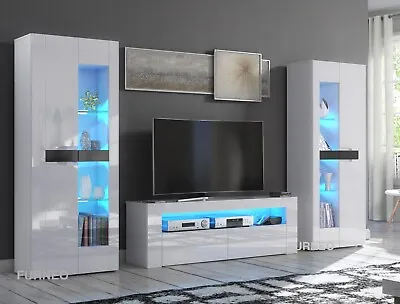 TV Unit White High Gloss &Matt Living Room Set Stand Display Cabinets LED Lights • £229.90