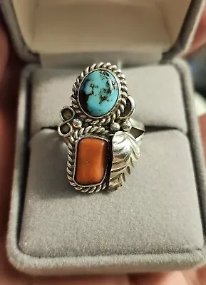 Vintage Native American Navajo Sterling Silver Turquoise & Coral Ring Size 6  • $98