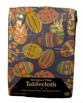 Easter Tablecloth  Eggs Pastels 60  Round Vinyl Vintage Elrene Mfg. FREE SHIPPNG • $19.99