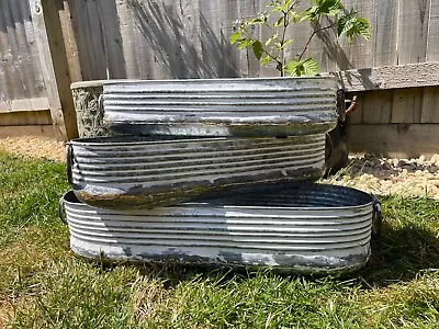 £21.99 • Buy Set Or 1 Galvanised Zinc White Washed Long Planter | Garden Trough Ribbed Pot