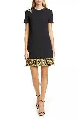 🖤 VERSACE Black Gold Logo Baroque Safety Pin Print Woven Shift Dress 2 XS 38IT • $763.75