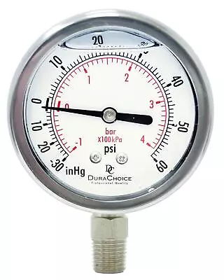 2-1/2  All S.S. Vacuum Pressure Gauge - 1/4  NPT Lwr Mnt -30HG/60PSI • $29.74