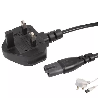 UK Mains Power C7 Figure 8 Plug Cable 50cm 1m 2m 3m 5m White Black TV Lead • £5.35