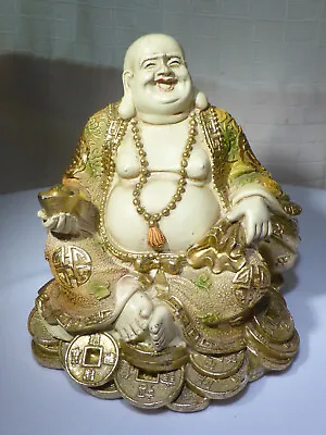 Laughing Buddha Ornament Seated Resin Figure White Face Gold Tone Trim 14cm • £29.99