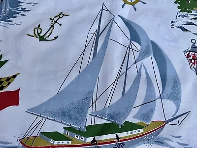 Anchors Nautical 40's Gloucester Cape Ann SAILBOATS Barkcloth Era Vintage Fabric • $44