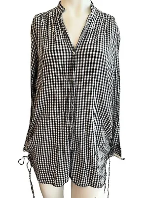 Womens Small Black White Check Blouse Long Sleeve Top Side Ties Zara Trafaluc • $12.74