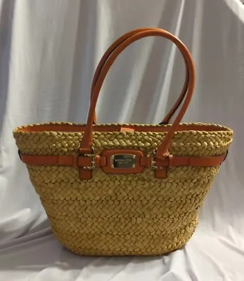 Michael Kors  Hamilton  Top Handle Large Straw Tote Bag Leather Trim- PRE-OWNED • $151.80