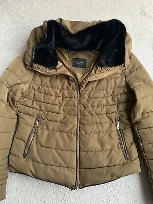$1.21 • Buy Zara Olive Green Brown Puffa Padded Quilted Jacket Coat Fur Collar Hood L 10 12