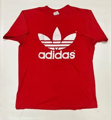 Vintage 80s Adidas Trefoil Double Sided Red Shirt USA Made Paper Thin Large • $27.99