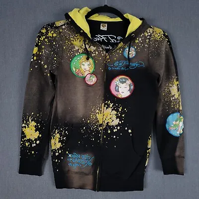 Ed Hardy Jacket Womens Medium Splattered Patched Full Zip Studded Hoodie • £41.27