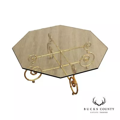 Hollywood Regency Faux Bamboo Gilt Metal Glass Top Coffee Table • $965