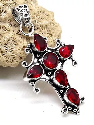 925 Sterling Silver Mozambique Garnet Gemstone Jewelry Cross Pendant Size-2 • $14.53