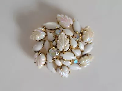 Vintage WEISS Milk Glass AB Aurora Borealis Rhinestone Gold Tone Molded Leaf Pin • $44.99