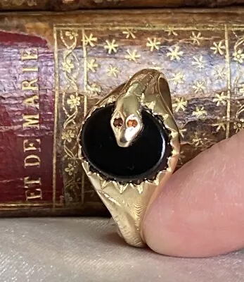 Gents 9ct  Gold Onyx & Garnet Snake Signet  Ring Size Y 3g Stunning ! • £220