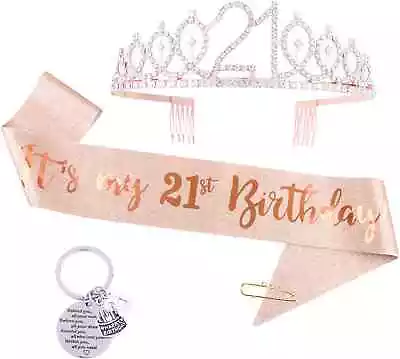 COLOFALLA 3pcs 21st Birthday Sash And Tiara Crown Rose Gold 21st Birthday Gifts • £16.95