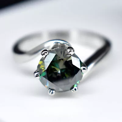 8 MM Round Brilliant Cut Green Moissanite 925 Sterling Silver Ring Us Size 9 • $51