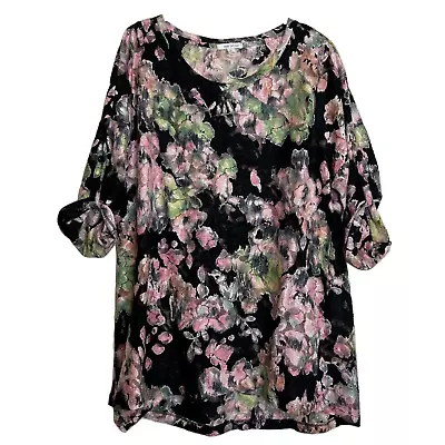 Erin London Womens Blouse XL Lace Pullover Pink Black Floral Elbow Length Sleeve • $14.98