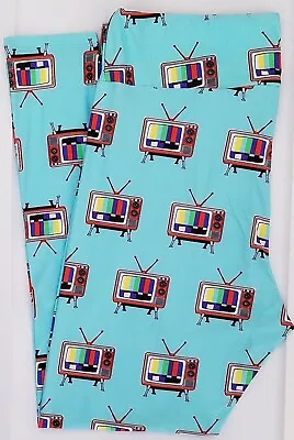 TC LuLaRoe Tall & Curvy Leggings Retro TV Set Television On Sky Blue NWT M68 • $8.90