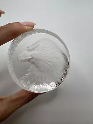 Mats Jonasson Sweden Eagle Carved Etched Lead Crystal Signed Glass Paperweight • $22