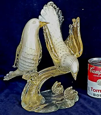 1960s Murano Italy Glass Large Twin White Dove Birds Sculpture W Gold & Bubbles • $167.50