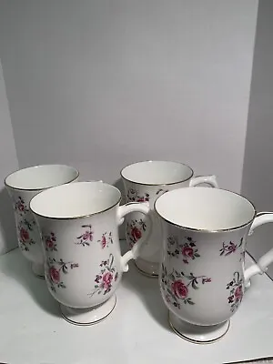 Royal Victoria Gold Rimmed Pink Roses Footed Tea Cups-Full Set Of Four-Rare Find • $35