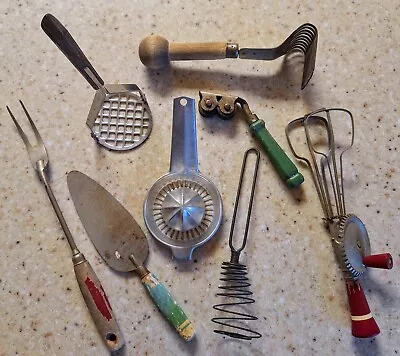 Vintage Kitchen Utensils Lot Of 8 Ricer Juicer Spatula Whisk Fork & More • $60