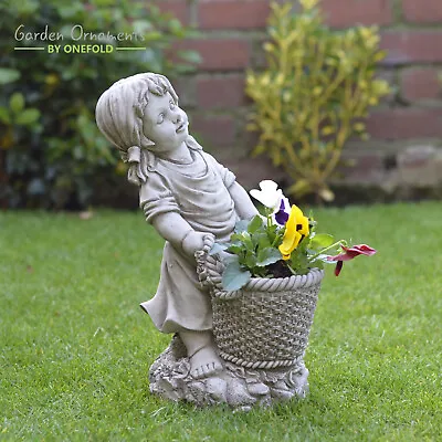 Basket Girl Detailed Hand Cast Stone Outdoor Garden Ornament Statue Planter Gift • £49.90