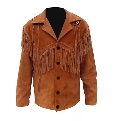 Men Native American Cowboy Leather Jacket Fringe Brown Western Suede Jacket • $119.99