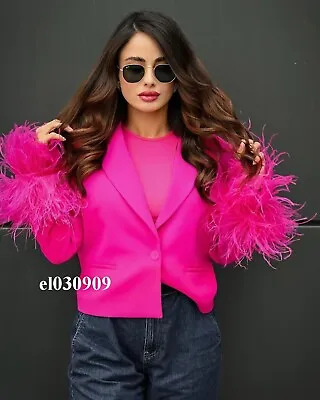 Zara Cropped Blazer With Feathers Neon Fuchsia New Ss23 Size S Ref.7602/484 • £142.48