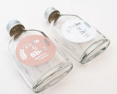 50 X MINIATURE FLASK BOTTLE WEDDING PINK / WHITE LABEL SILVER FOIL TIE THE KNOT • £54.99