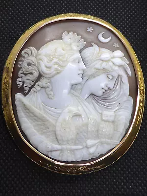 Superb Large Antique Carved Shell Allegorical Night & Day 15ct Gold Cameo Brooch • £42