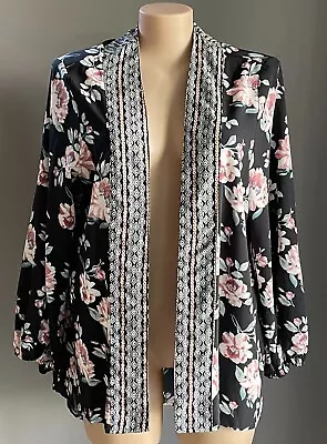 SHEIN CURVE Black Floral Print Kimono Size 3XL Long Sleeves Contrast Trim Hi-Lo • $9.99