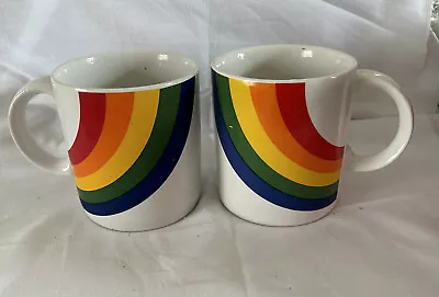 Vintage FTDA Colorful Retro Rainbow Ceramic Pride Coffee/Tea Mug Korea Set Of 2 • $16.99