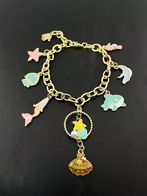  Summer  Sea Life Charm Bracelet Gold Tone Enamel Seashell Mermaid Starfish • $6.99