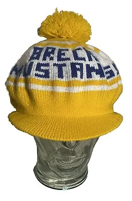 Vintage Breck Mustangs MN Blue Gold Knit Flat  Pom Cap Hat Brim Winter Scottish • $25