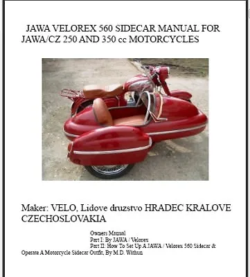 560 JAWA / Velorex Sidecar Set Up Manual PDF On CD Motorcycle • $16.75