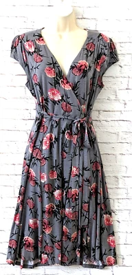 £14.99 • Buy RJR John Rocha Womens Wrap Dress Sz 14 - Grey Floral Print Short Sleeve V-Neck