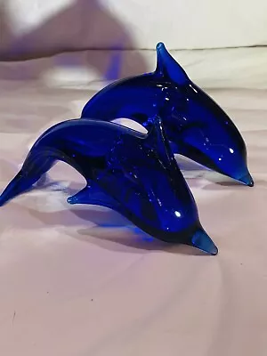 2 VINTAGE Murano Style Blown Art Glass Dolphin Cobalt Blue Paperweights • $21.50