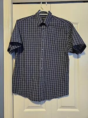 Van Heusen Blue Plaid Short Sleeve Dress Shirt Neck Men's Size 16-16.5 Large • $5