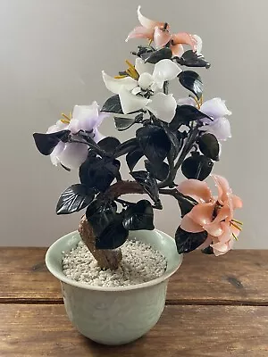 Vintage Bonsai Tree Purple Peach White Jade Glass Flowers Celadon Pot Signed 10” • $37