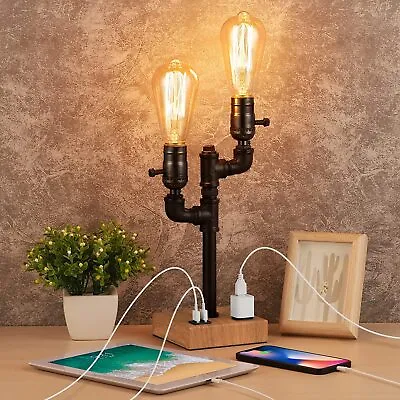 Vintage Desk Lamp Steampunk Industrial Pipe Light With USB&AC Outlet For Bedroom • $18.19
