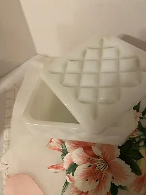 Vintage Milk Glass Quilted Lidded Square Trinket Box • $25